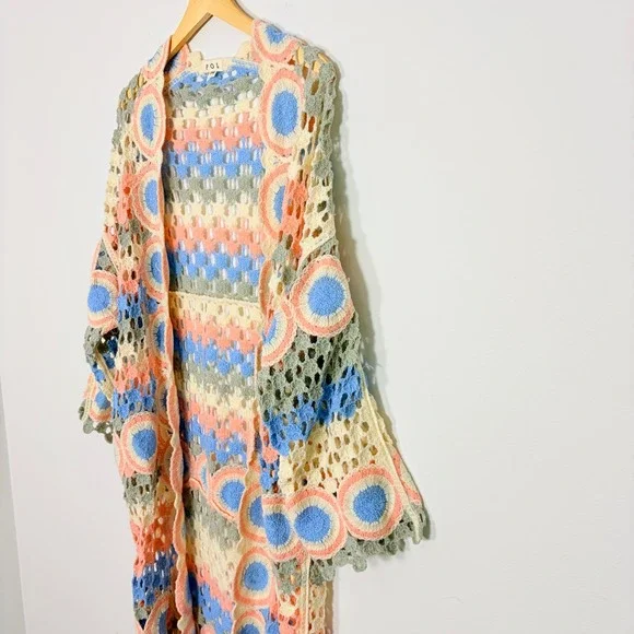 POL Dreamside Crochet Longline Open Front Cardigan Pastel Granny Square Boho OS - Picture 4 of 9